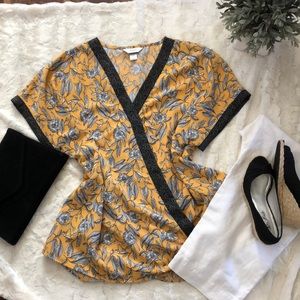 CJ Banks Mustard Gold and black Floral Surplice Top-1X